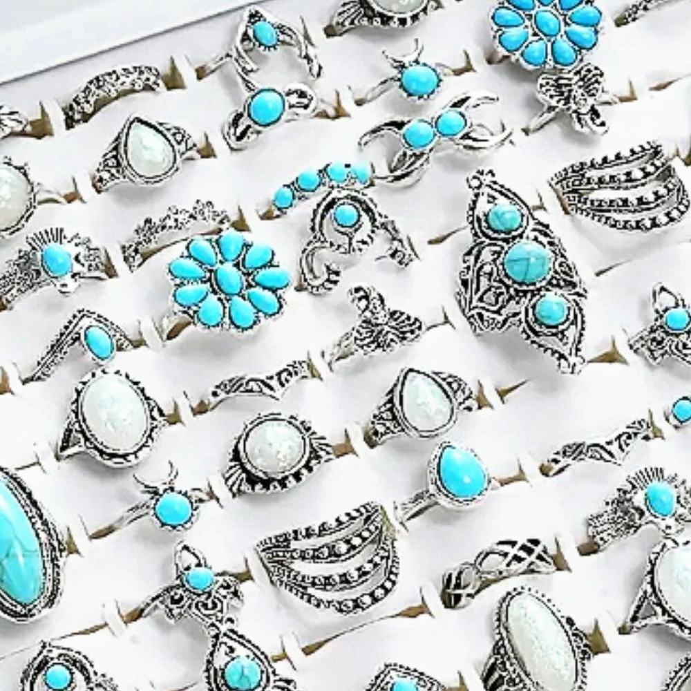Silvertone Turquoise Opal Faux Lot of 40 Rings Boho Flower Fashion Ring GIFT New - Picture 9 of 15